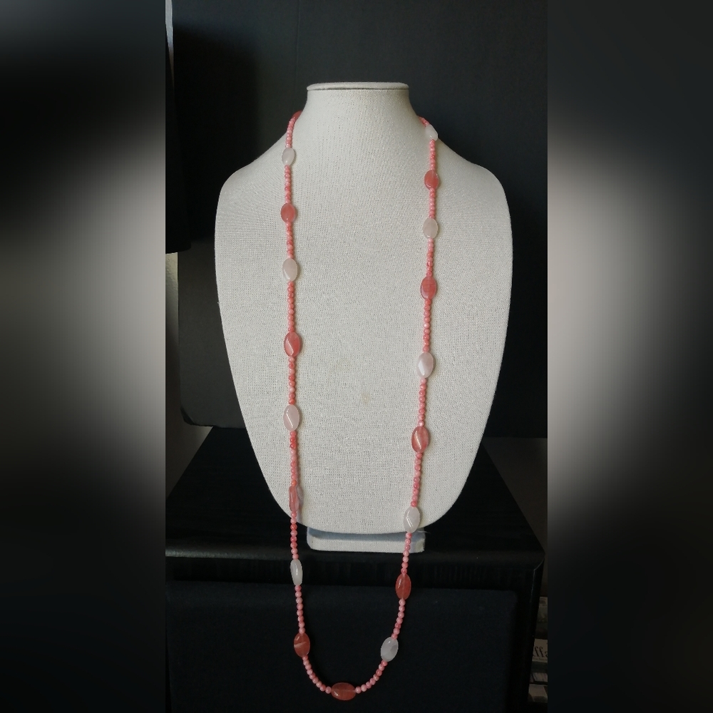 Vintage Onyx Pink Quartz Pink Plastic Beads on Wire Long Necklace
